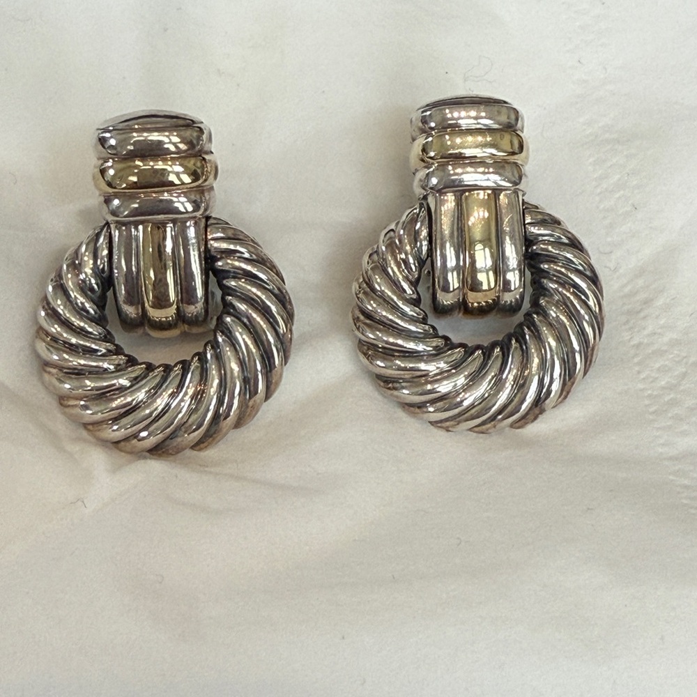 David Yurman Sterling silver & 14K gold drop hoop cable earrings pierced